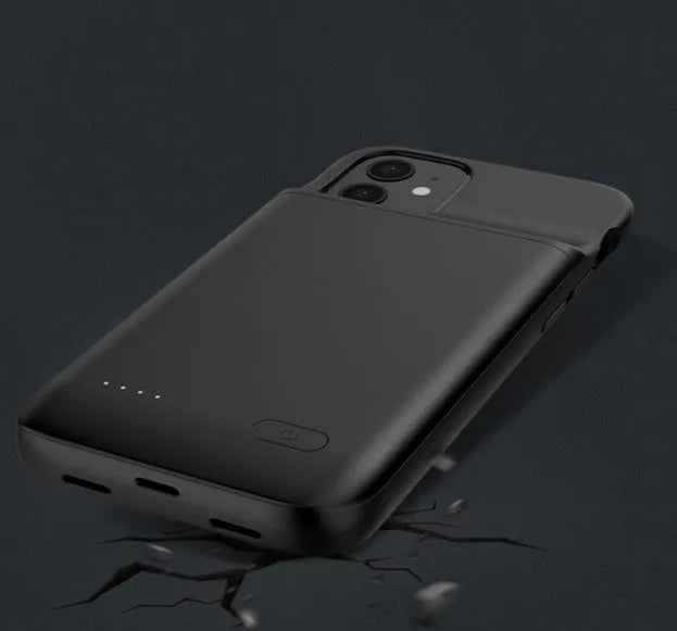 Black ultra-thin TPU back clip battery for iPhone 12 phones, showing clip and multi-U port.