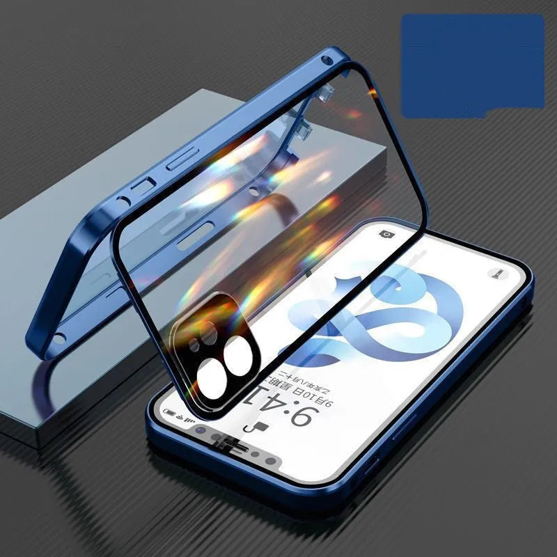 Aluminium iPhone bumper case with tempered glass panels in black, blue, red, and silver colour options