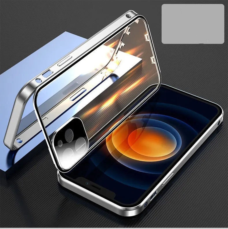 Aluminium iPhone bumper case with tempered glass panels in black, blue, red, and silver colour options