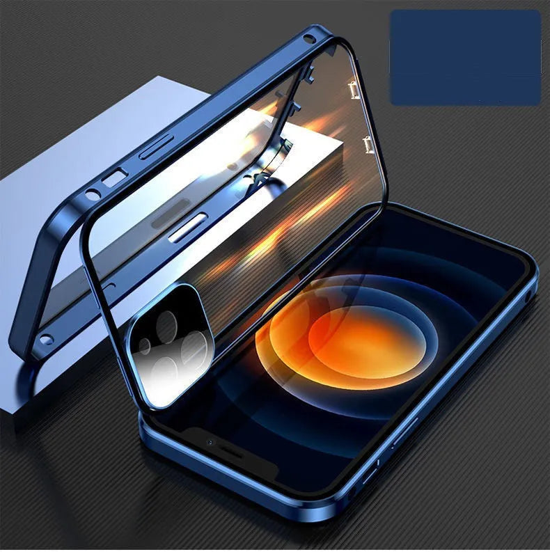 Aluminium iPhone bumper case with tempered glass panels in black, blue, red, and silver colour options