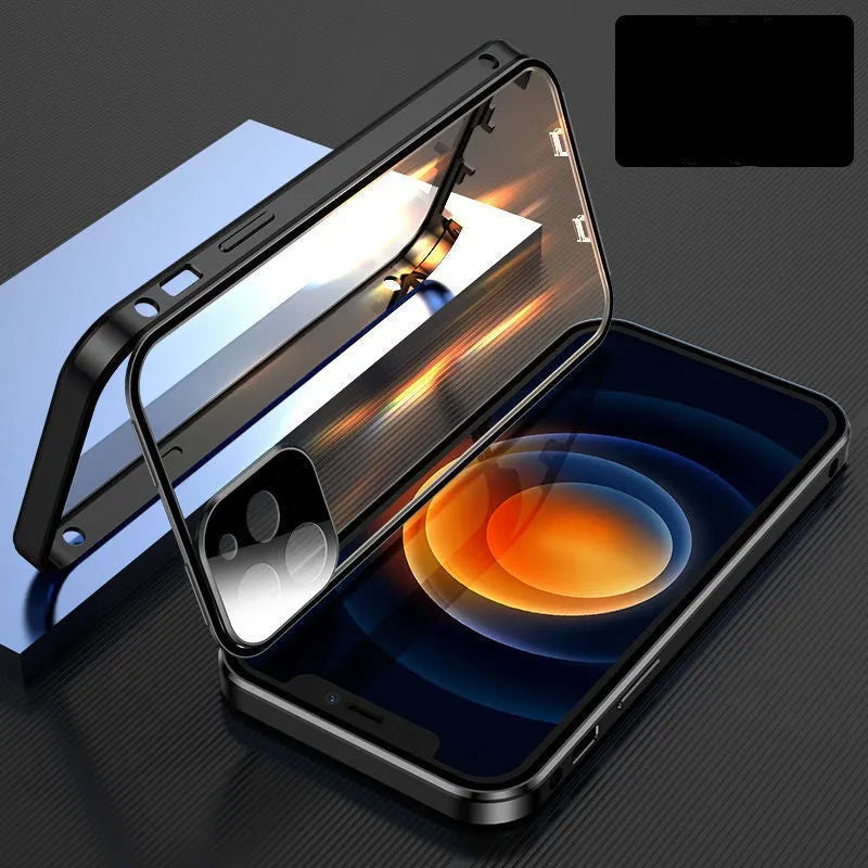 Aluminium iPhone bumper case with tempered glass panels in black, blue, red, and silver colour options