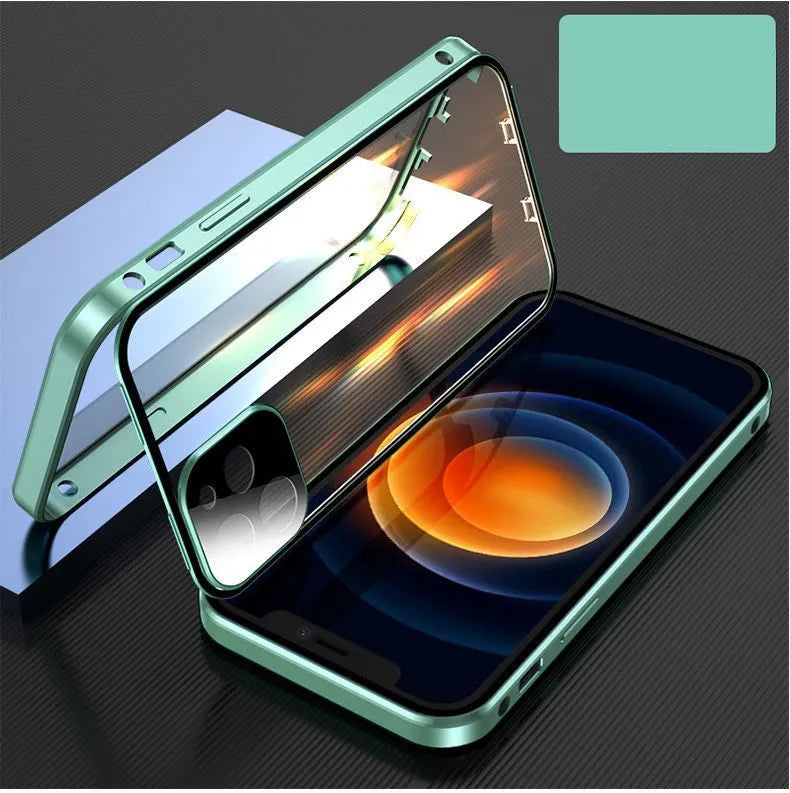 Aluminium iPhone bumper case with tempered glass panels in black, blue, red, and silver colour options