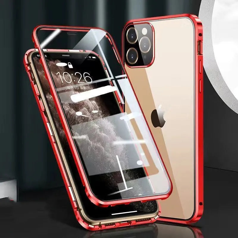 Aluminium iPhone bumper case with tempered glass panels in black, blue, red, and silver colour options
