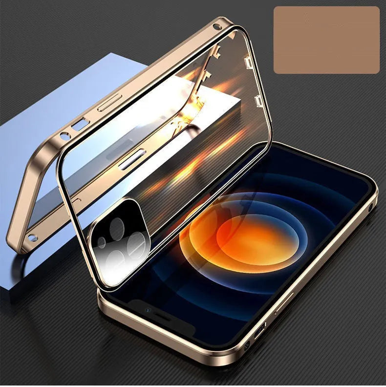 Aluminium iPhone bumper case with tempered glass panels in black, blue, red, and silver colour options