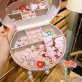 Children's princess headdress and hair clip set with 26 pieces in storage box, showing cartoon character designs