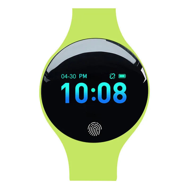 Blue smart watch bracelet with a round 37mm dial on a wrist, showing a digital display.