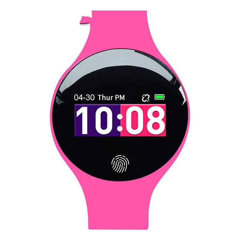 Blue smart watch bracelet with a round 37mm dial on a wrist, showing a digital display.