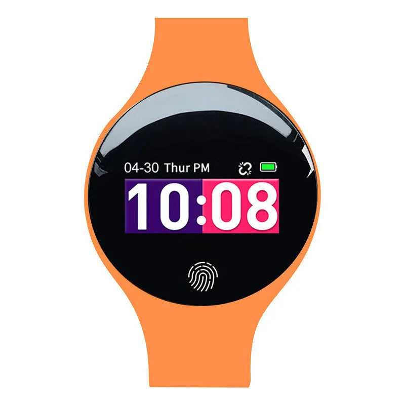 Blue smart watch bracelet with a round 37mm dial on a wrist, showing a digital display.