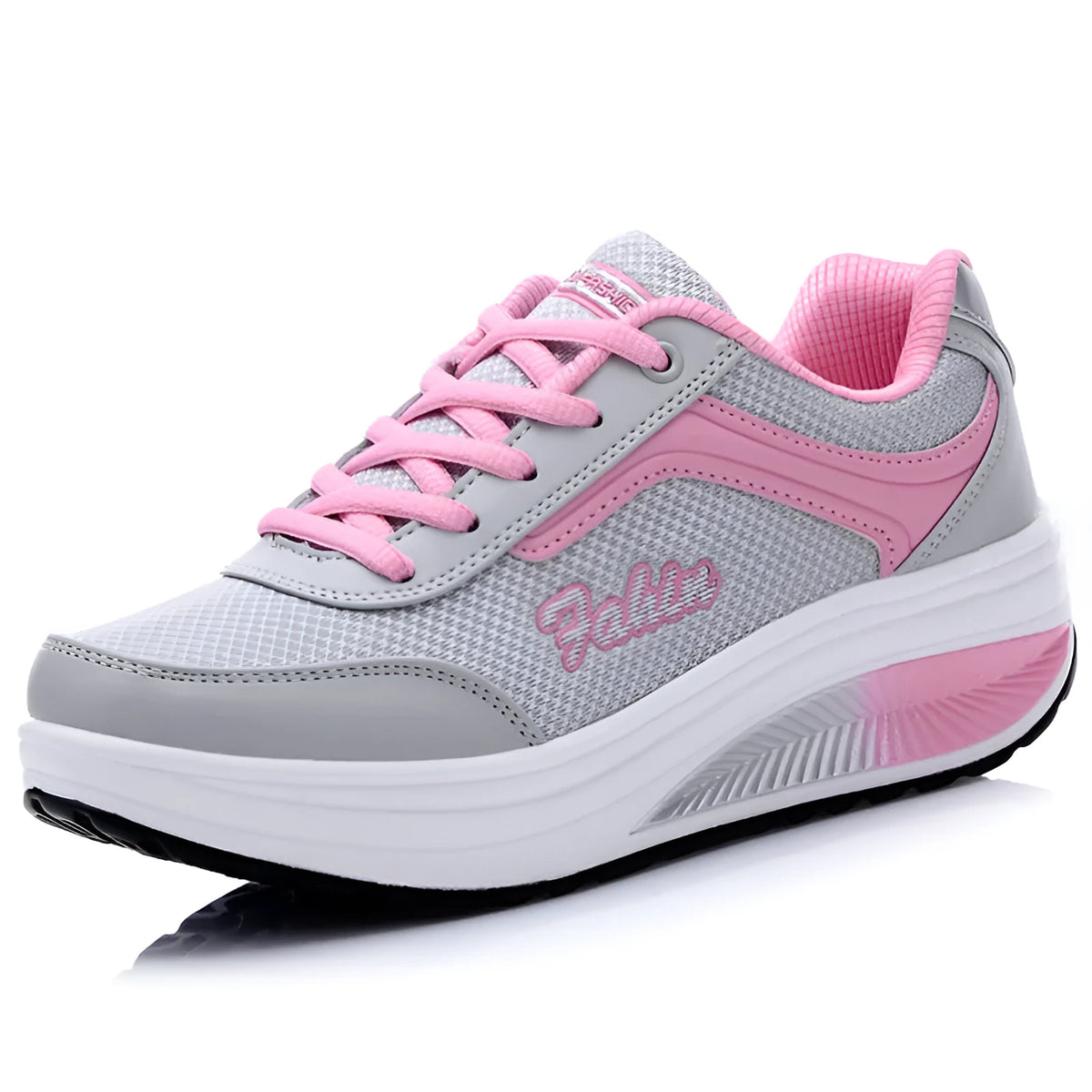 Women's grey pink mid-heel sports shoes with heelless sole design on a light background