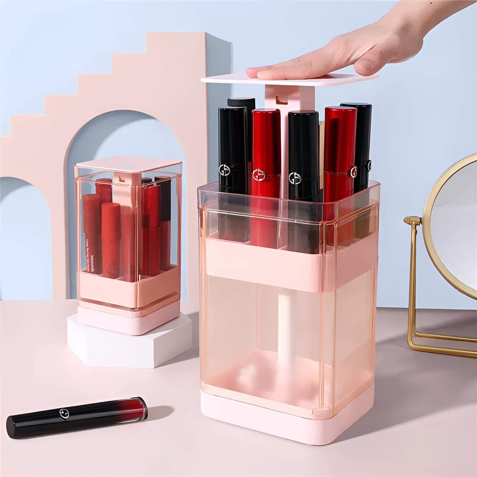 Press lift lipstick storage box with dust cover in pink or white, showing 8-grid and 12-grid options