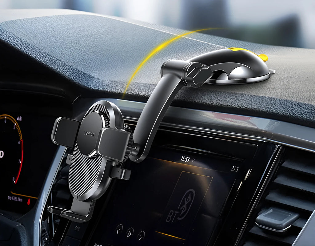 Folding suction cup mobile phone car holder in carbon fiber black on a car dashboard