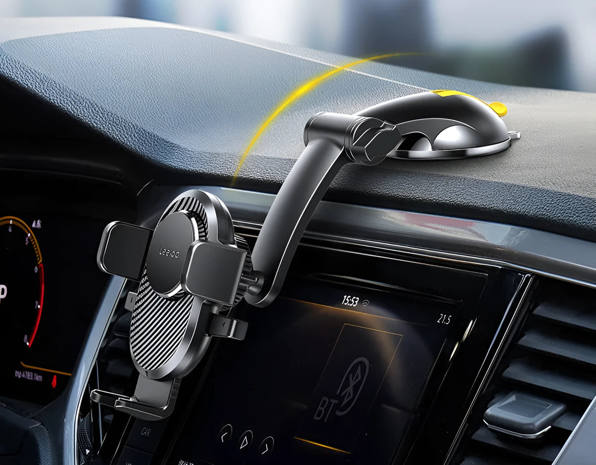 Folding suction cup mobile phone car holder in carbon fiber black on a car dashboard