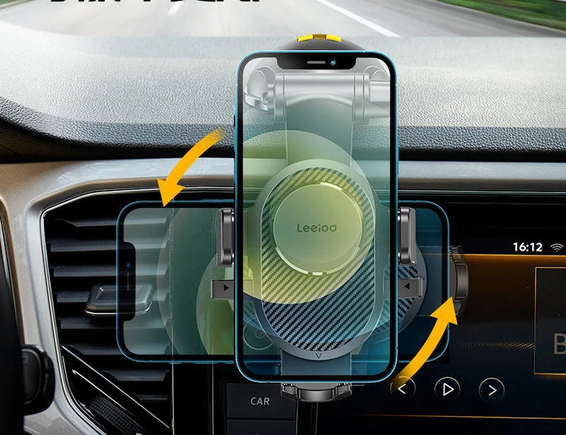 Folding suction cup mobile phone car holder in carbon fiber black on a car dashboard