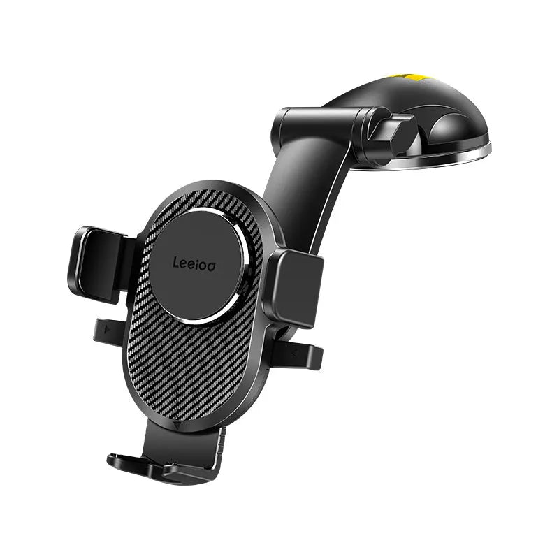 Folding suction cup mobile phone car holder in carbon fiber black on a car dashboard