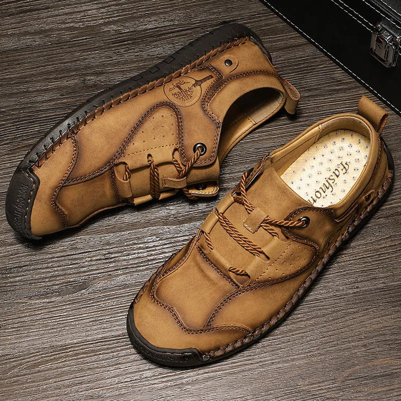 Men's casual leather shoes with microfiber upper and round toe in black, gold or khaki