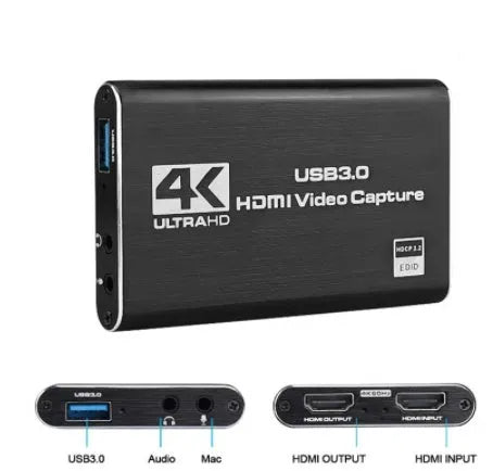 Black 4K HDMI game capture card with USB3.0 interface for streaming and recording