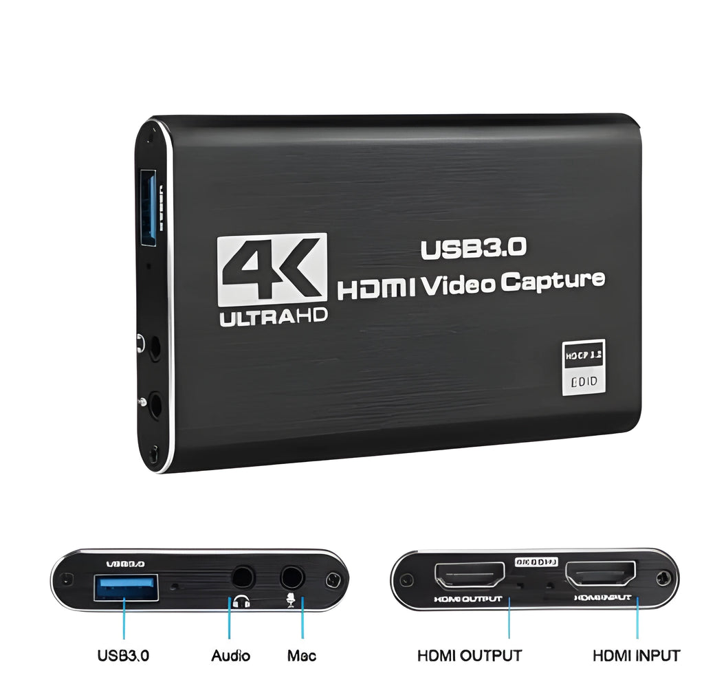Black 4K HDMI game capture card with USB3.0 interface for streaming and recording