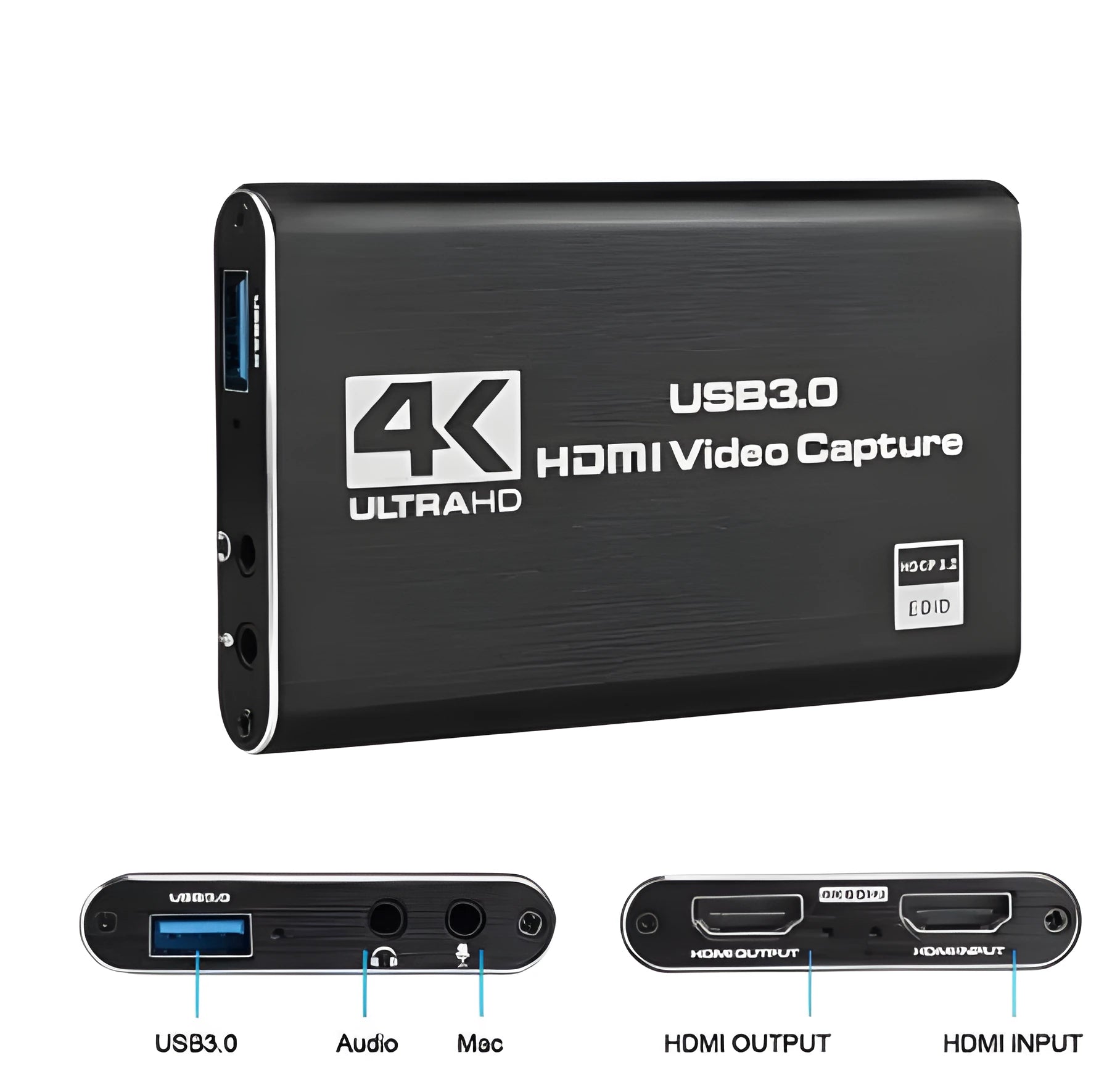 Black 4K HDMI game capture card with USB3.0 interface for streaming and recording