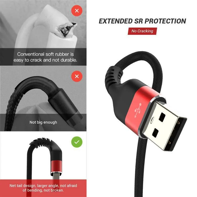 USB A to USB-C fast charging data cable for Android phones in black or red, showing length options.