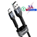USB A to USB-C fast charging data cable for Android phones in black or red, showing length options.