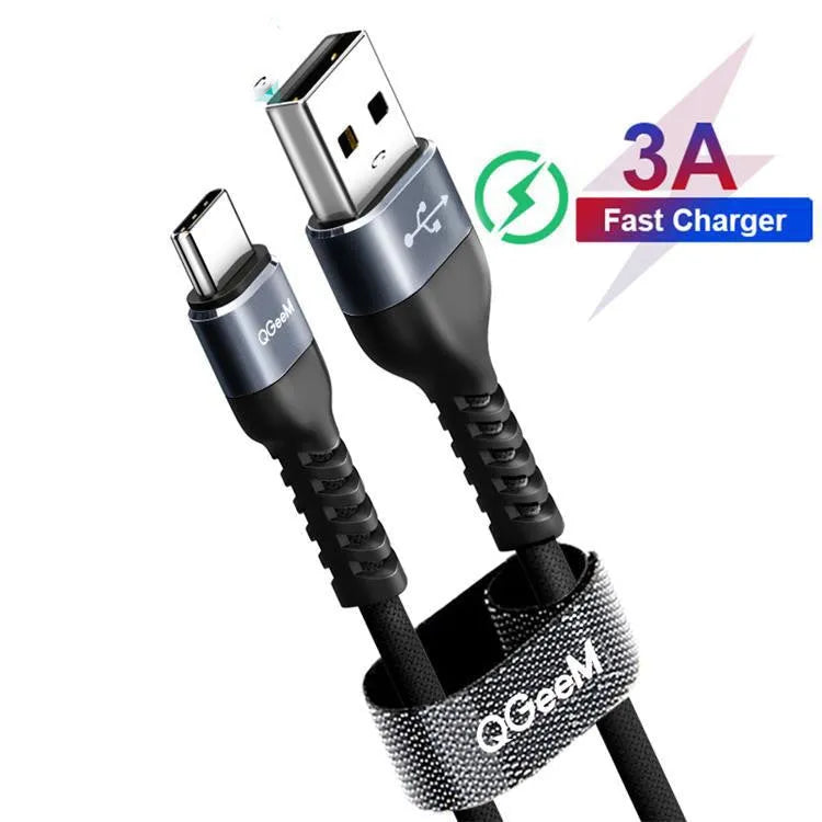USB A to USB-C fast charging data cable for Android phones in black or red, showing length options.
