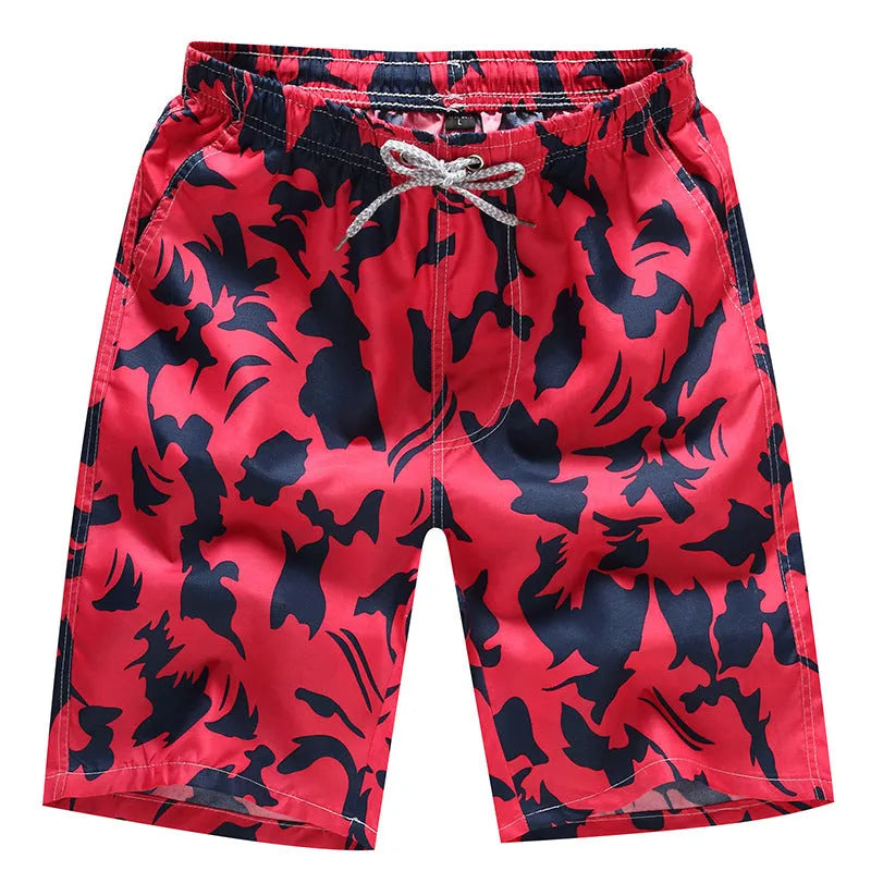 Men's loose five-point beach shorts in colourful feather print on thin cotton fabric