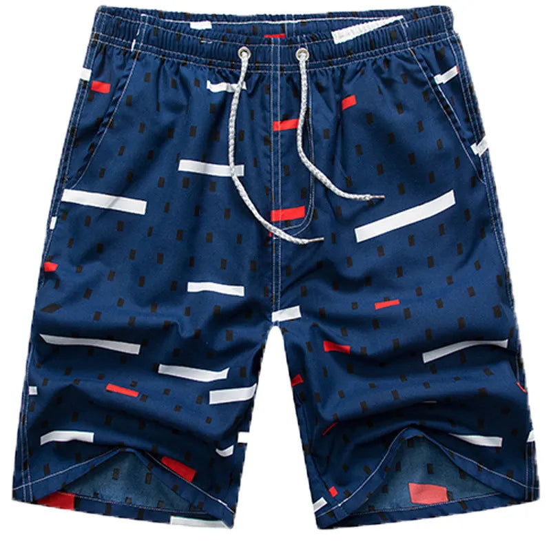 Men's loose five-point beach shorts in colourful feather print on thin cotton fabric