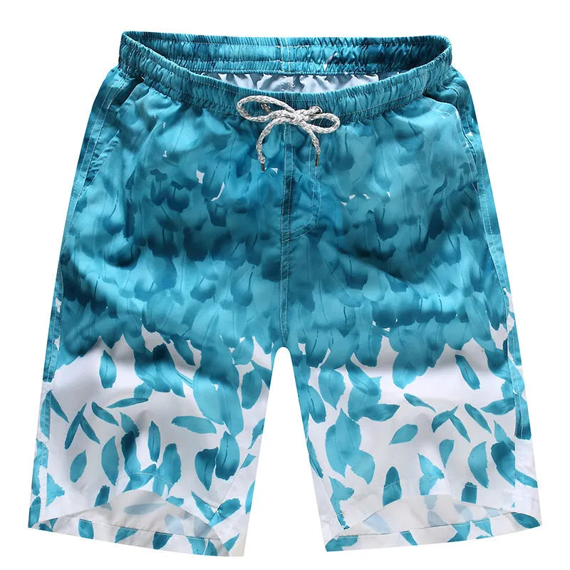 Men's loose five-point beach shorts in colourful feather print on thin cotton fabric