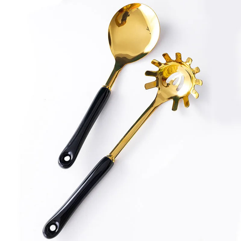 Stainless steel kitchen utensils set scoop and shovel kit displayed in white, pink, and black colours