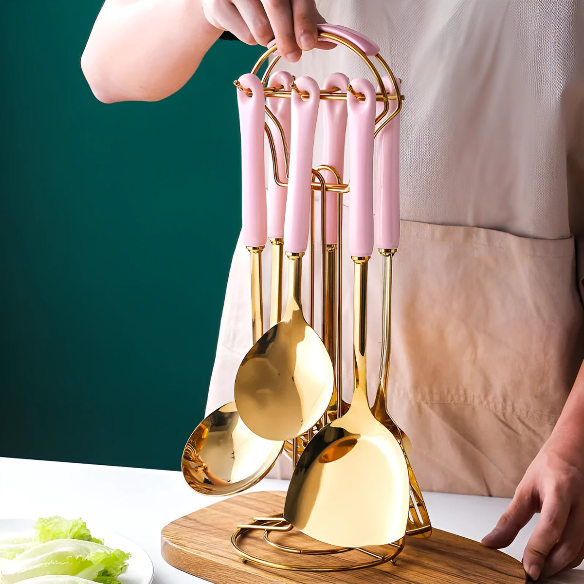 Stainless steel kitchen utensils set scoop and shovel kit displayed in white, pink, and black colours