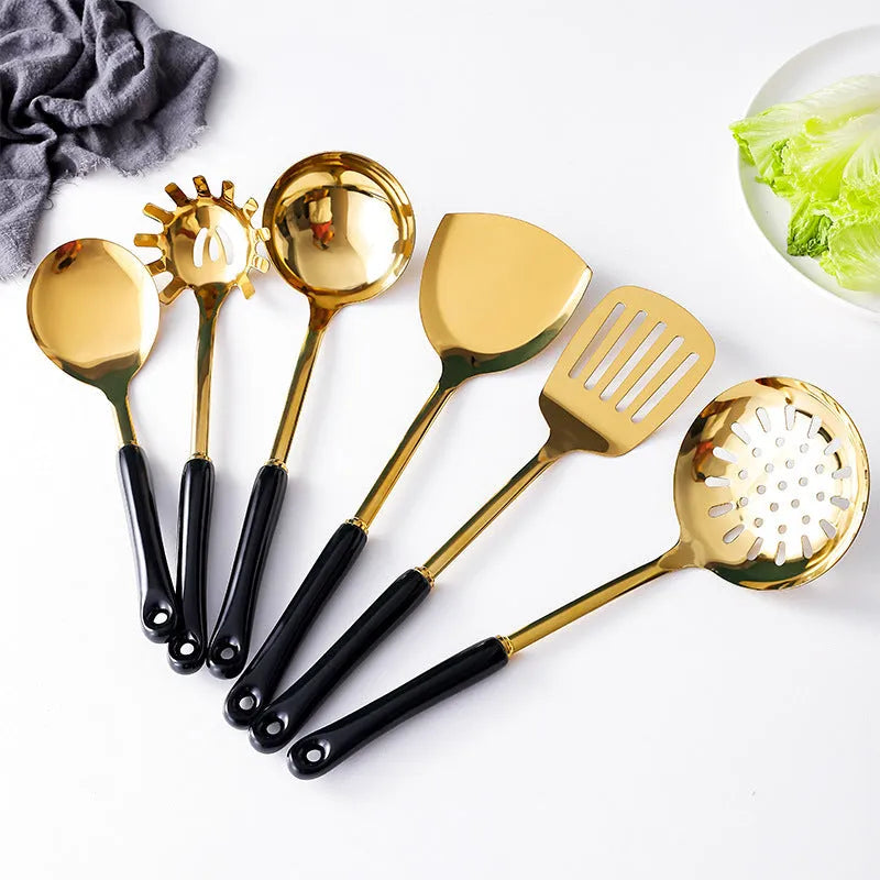Stainless steel kitchen utensils set scoop and shovel kit displayed in white, pink, and black colours