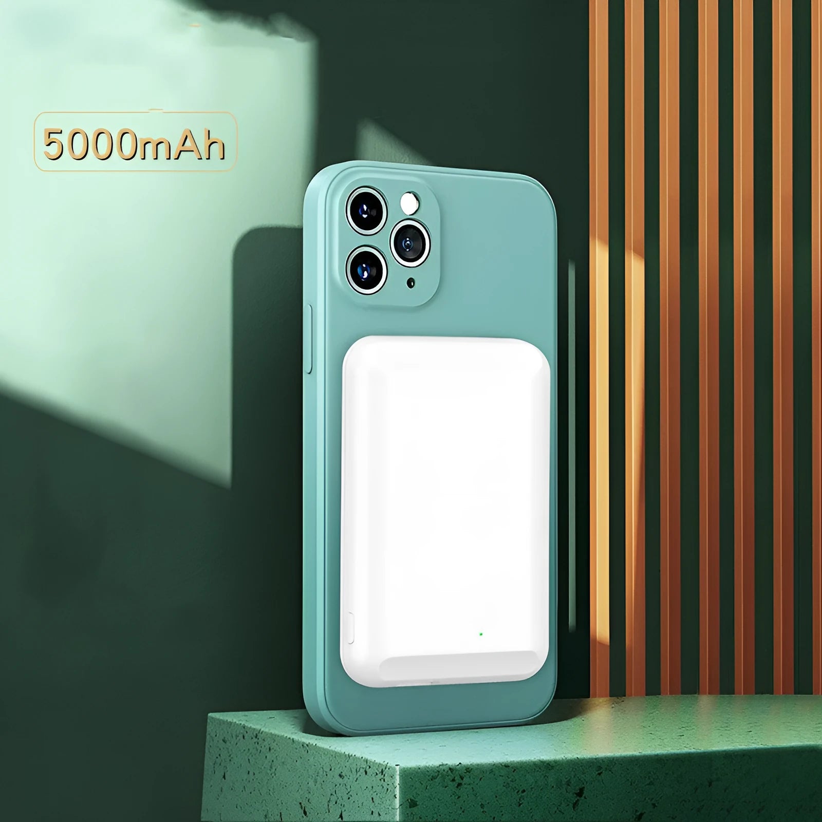 Magnetic wireless power bank in black, blue, green, pink, or white with 5000mAh capacity
