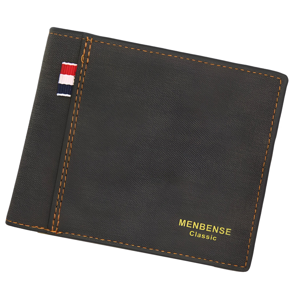Men's short tri-fold wallet in retro style shown in black, navy blue, dark brown, and light brown colours
