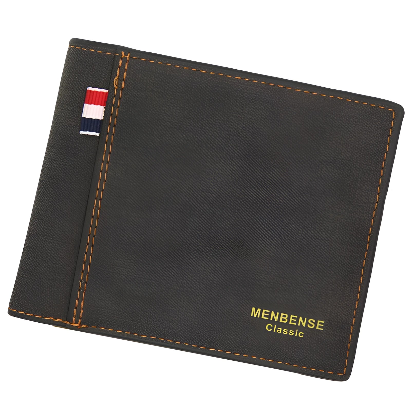 Men's short tri-fold wallet in retro style shown in black, navy blue, dark brown, and light brown colours