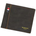 Men's short tri-fold wallet in retro style shown in black, navy blue, dark brown, and light brown colours
