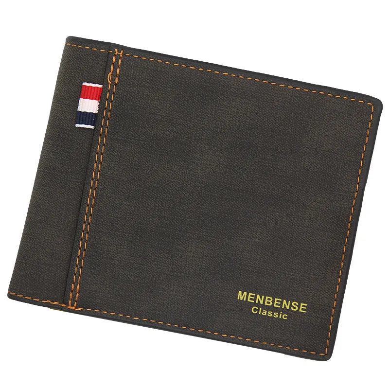 Men's short tri-fold wallet in retro style shown in black, navy blue, dark brown, and light brown colours