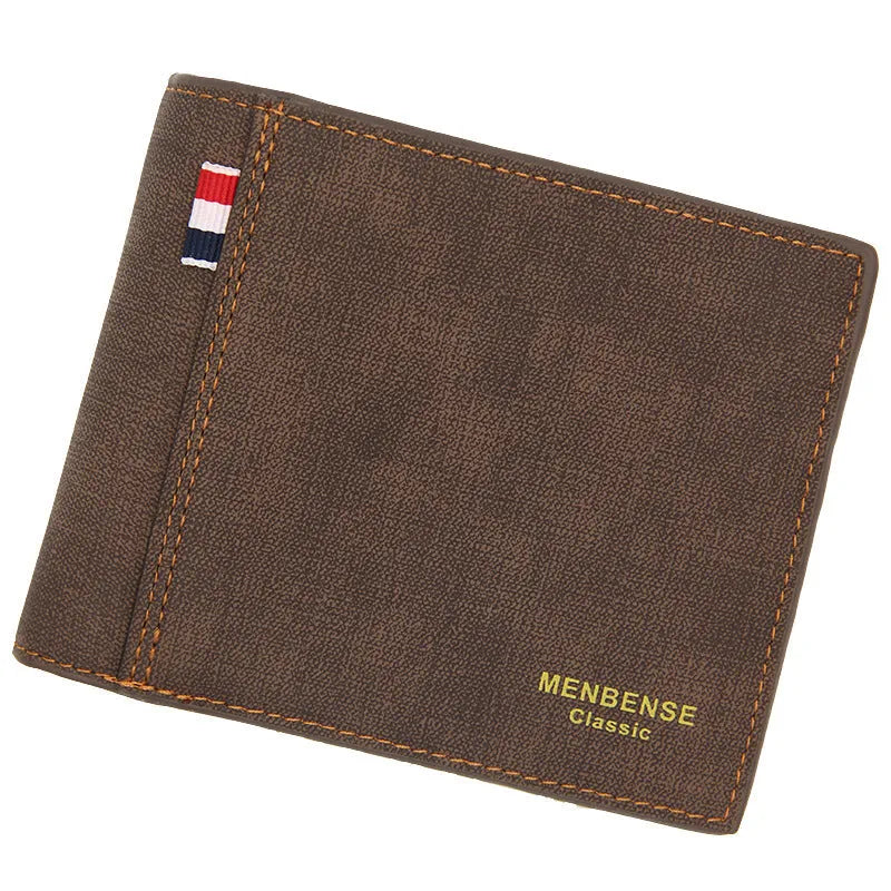 Men's short tri-fold wallet in retro style shown in black, navy blue, dark brown, and light brown colours