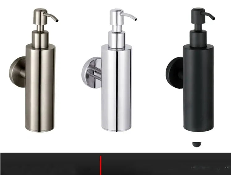 304 stainless steel wall-mounted manual soap dispenser in brushed, mirror, and black finishes.