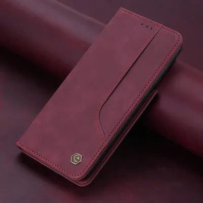 Imitation leather flip wallet case with magnetic closure and card slots for iPhone Samsung Huawei Xiaomi in black brown dark green wine red