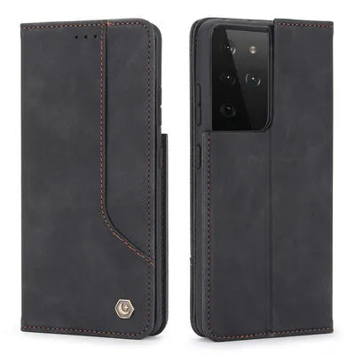 Imitation leather flip wallet case with magnetic closure and card slots for iPhone Samsung Huawei Xiaomi in black brown dark green wine red