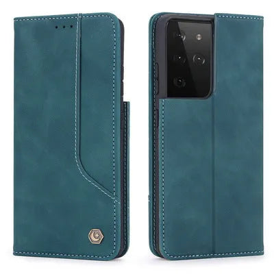 Imitation leather flip wallet case with magnetic closure and card slots for iPhone Samsung Huawei Xiaomi in black brown dark green wine red