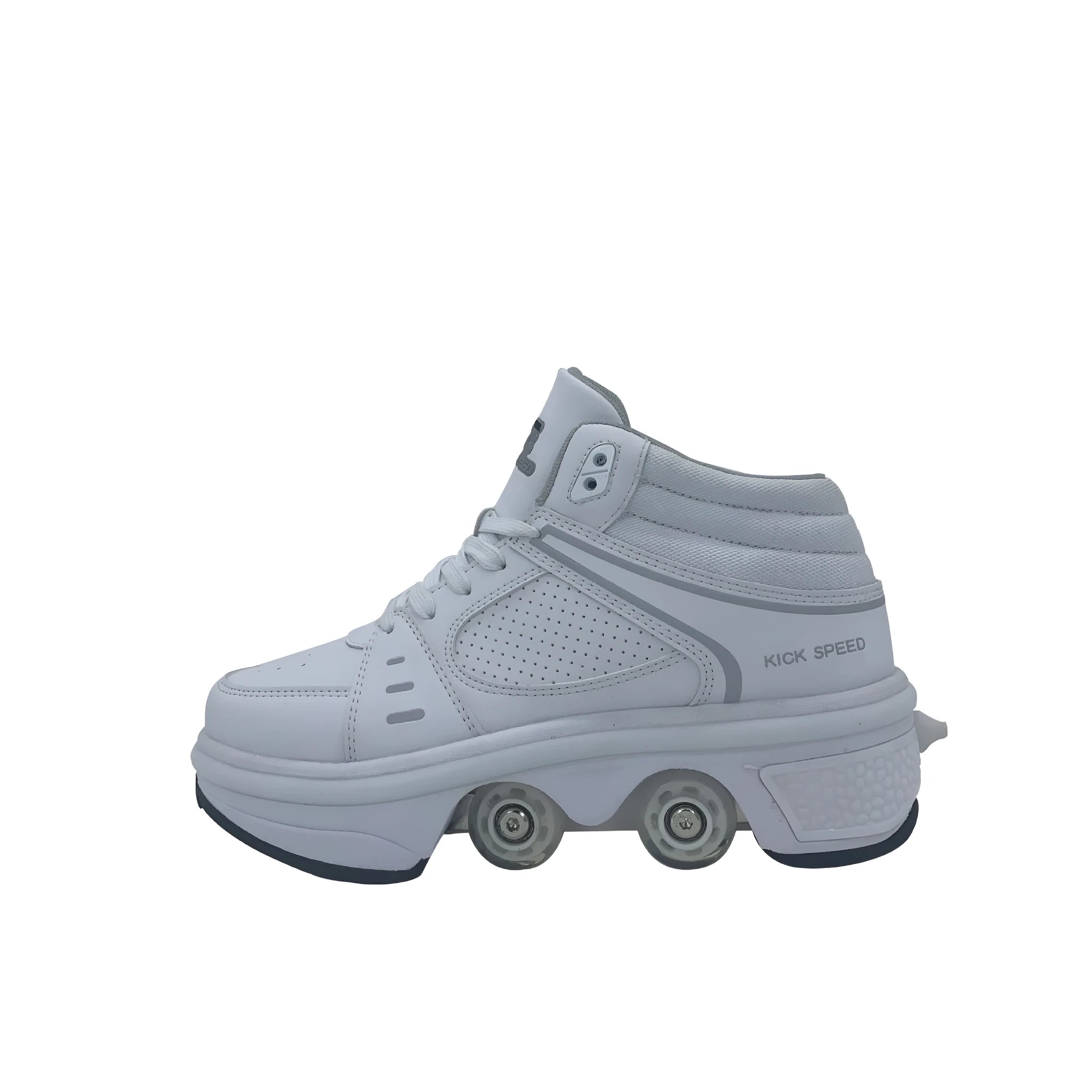 Dual-purpose convertible roller skates in silver with PU and microfiber upper