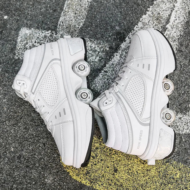 Dual-purpose convertible roller skates in silver with PU and microfiber upper