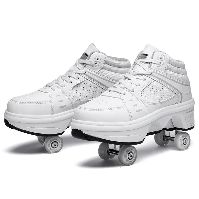Dual-purpose convertible roller skates in silver with PU and microfiber upper