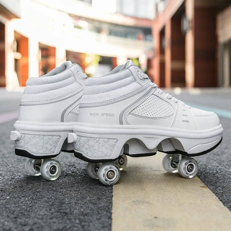 Dual-purpose convertible roller skates in silver with PU and microfiber upper