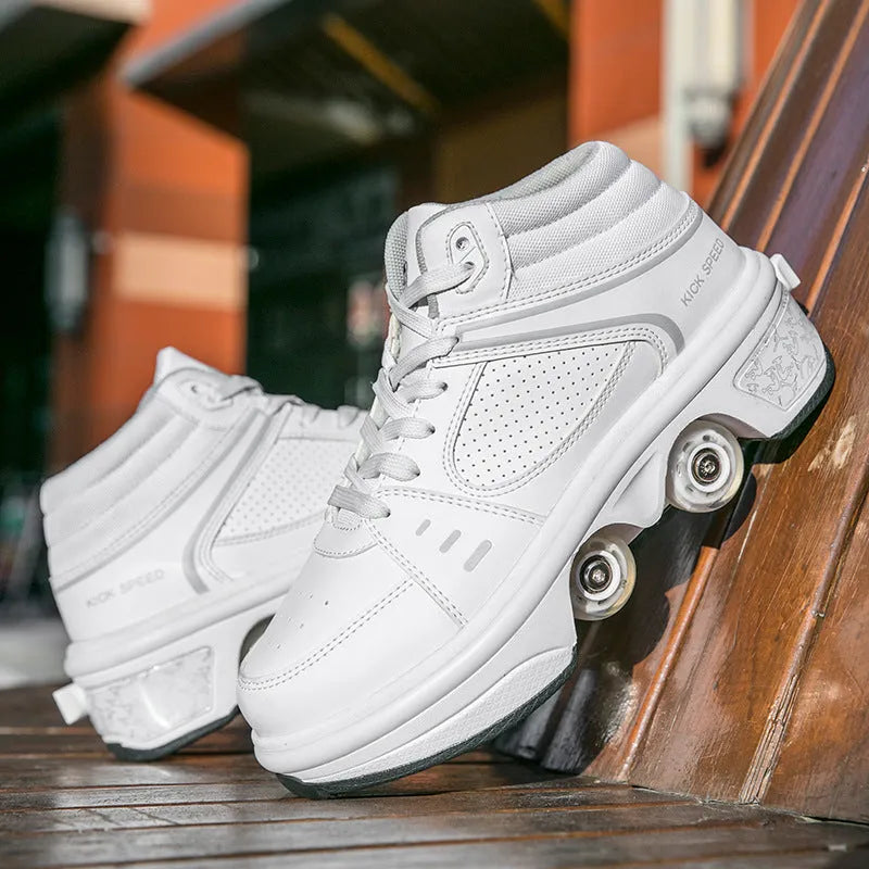 Dual-purpose convertible roller skates in silver with PU and microfiber upper