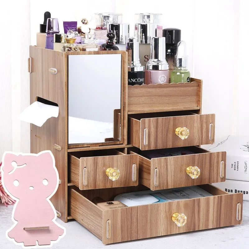 Wooden tabletop cosmetic storage box with internal compartments for organising makeup and jewellery.