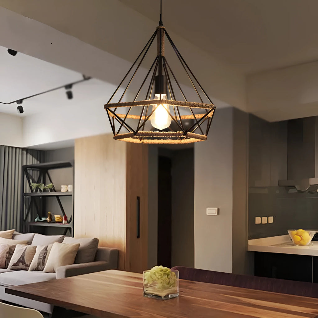 Rustic twine wrapped iron chandelier with adjustable height, 25cm diameter model shown