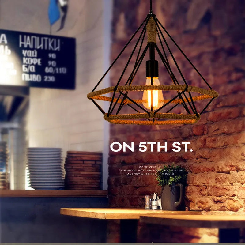 Rustic twine wrapped iron chandelier with adjustable height, 25cm diameter model shown
