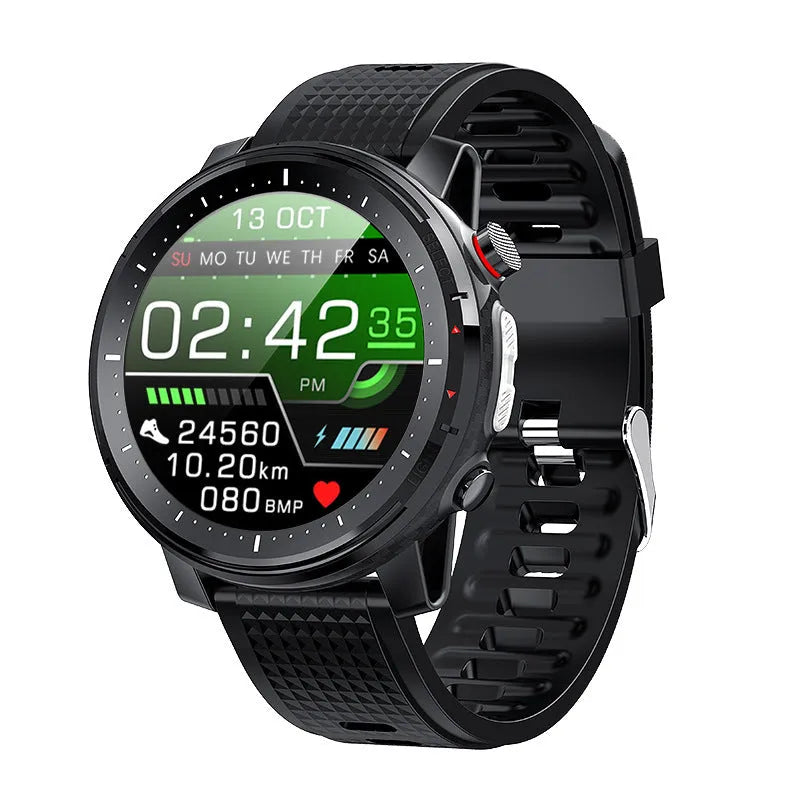 IP68 waterproof Android smart watch with 1.3-inch round dial and black silicone strap
